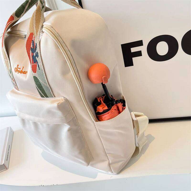 Nylon Fabric Fashion Backpack For Women Floral Hand Strap Pure Color Large Capacity Travel Bag Multi-Pocket School Book Rucksack