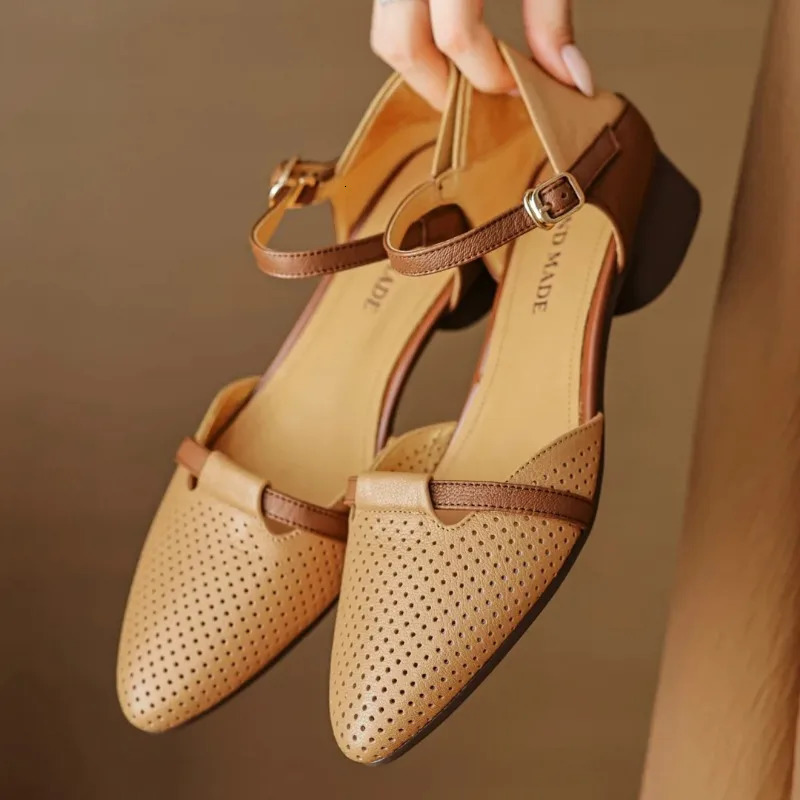 2025 womens sheepskin mix color patchwork hollow-out ankle strap flats sandals pointed toe casual summer shoe 250617