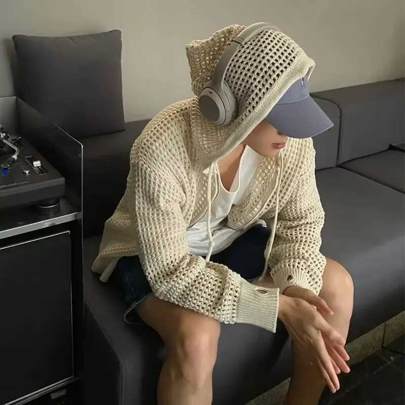 2025 Mens Casual Hollow Coats Breathable Cardigan Sweater Summer Lightweight Hooded Knitted Top Korean Trendy Streetwear Clothing Z250621