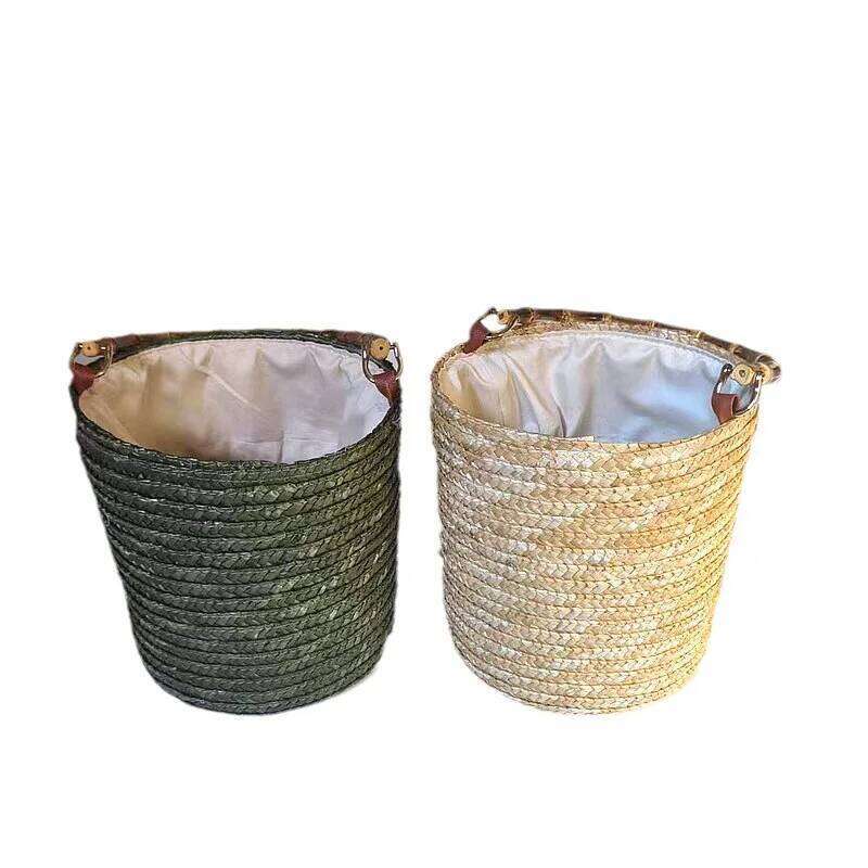 New Bucket Straw Grass Handbag, Genuine Bamboo Handle, Grand Hand Woven Flower Basket, Forest Style Women's Bag