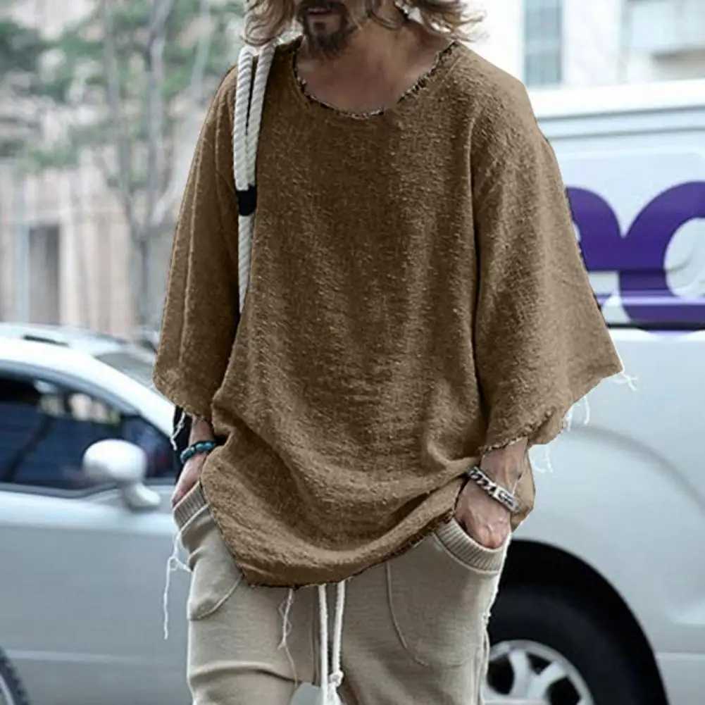 Men T-shirt Cotton Blend Casual Solid Color Burrs Edge T-shirt Leisure Individual Old Style Loose Type Ripped Edge Loose T-shirt Z250621