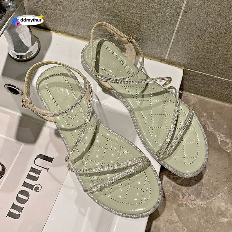 Women's Summer New Fairy Style One-Strap Rhinestone Flat Transparent Sole Outdoor Sandals Versatile Trendy ddmythur