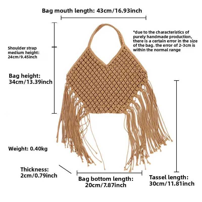 Fashion Women Shoulder Bag Summer New Hollow Out Mesh Hand Woven Tote Bag Casual Tassel Beach Bag Versatile Commuting Handbag XJ250620