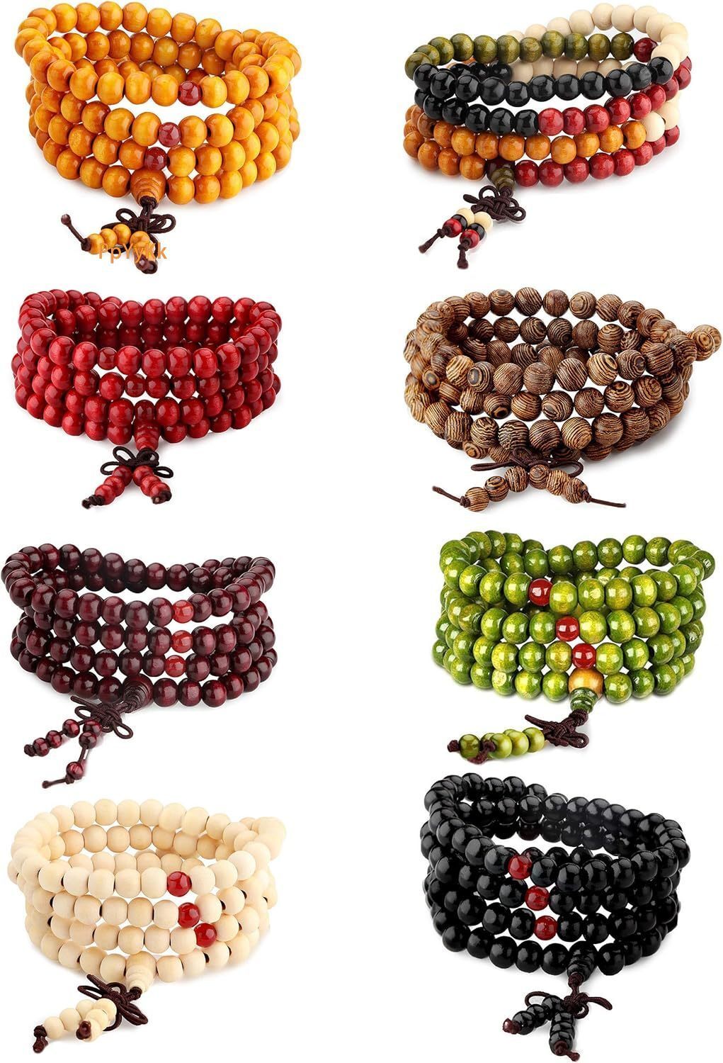 108 Mala Bead Bracelets 8MM Tibetan Buddha Wood Beaded Ward Off Evil Sandalwood Link Wrist Necklace Chain Bracelets Multilayer Buddhist Prayer Strand 