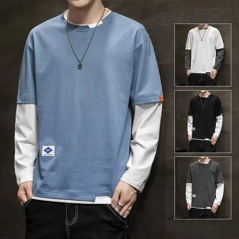 Mens Long Sleeve T-Shirt Base Layer Top Korean Style Two-Piece Illusion Round Neck Slimming Effect Autumn ClothingXJ250621