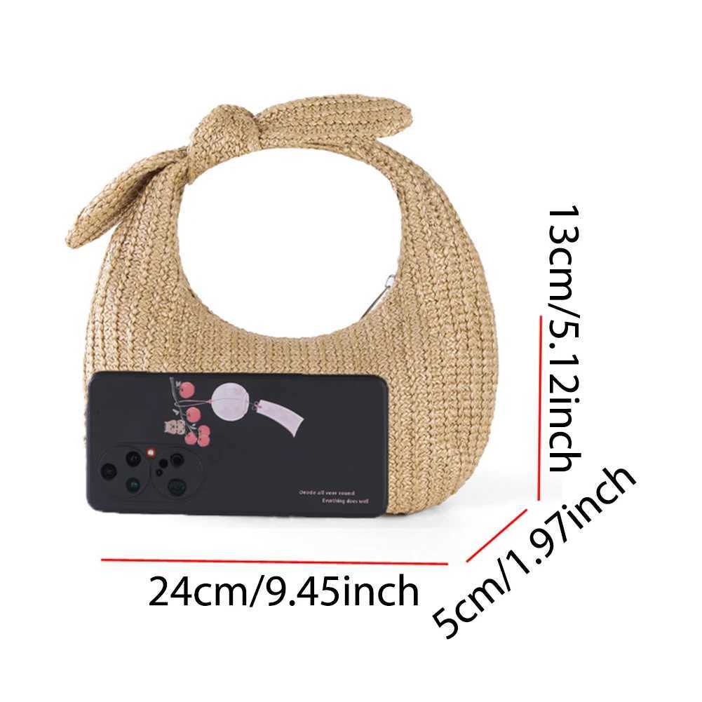 Summer Straw Woven Clutch Purse with Bow Womens Knotted Beach Dumpling Handbag 2024 New Half Moon Handmade Knitting Banquet Bag XJ250620