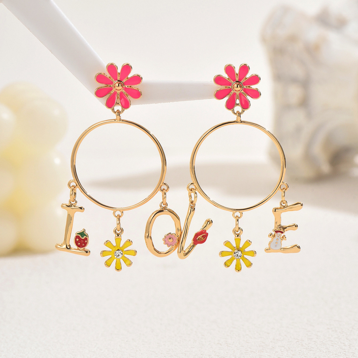 Trendy Women's New English Letter Flower Design Oil Drop Earrings Versatile Ear Jewelry For Women