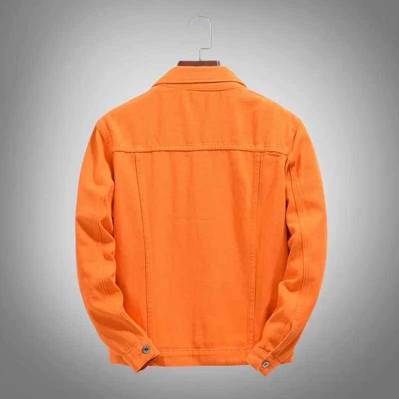Spring Autumn New Fashion Mens Casual Trendy Orange Multi Pocket Solid Jeans Jacket Korean Loose Long Sleeve Denim Jacket Coat XJ250621