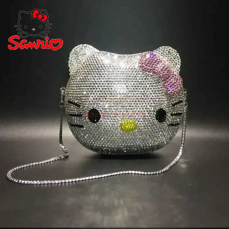 Sanrio Hello Kitty Anime Cartoon Shape Rhinestone Cartoon Full Of Diamonds Dinner Bag Handmade Diamond-set Ladys Clutch Christmas Giftw250621