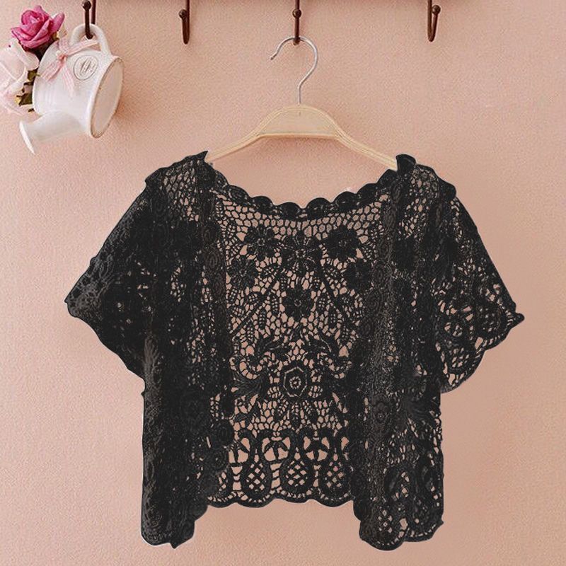 K1087 Summer versatile short-sleeved outerwear small shawl women's summer thin coat lace sweater hollow waistcoat short cardigan