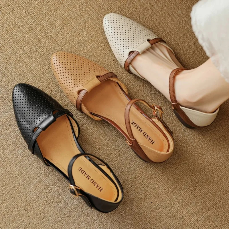 2025 womens sheepskin mix color patchwork hollow-out ankle strap flats sandals pointed toe casual summer shoe 250617
