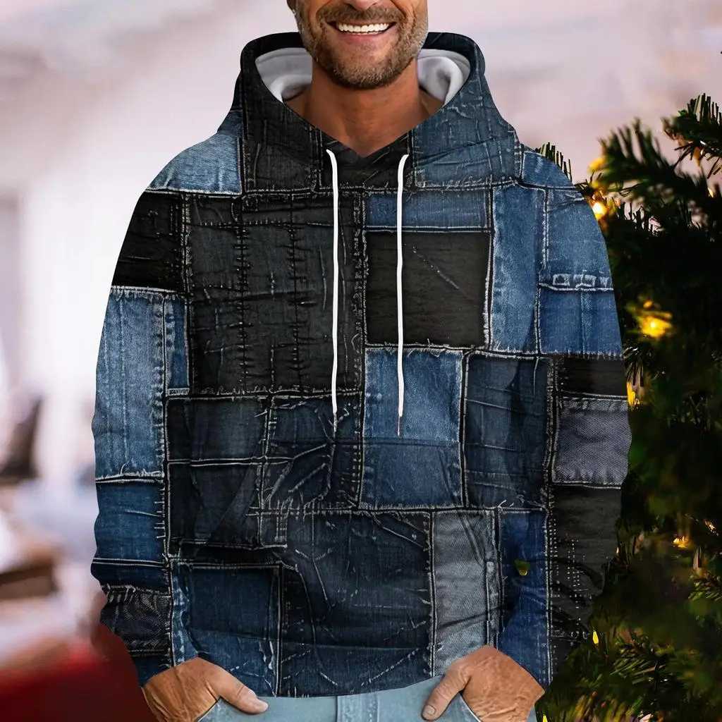 Denim Plaid Printed Mens Women Universal Hoodies Autumn Fashion Street Men Sweatshirts Casual Loose Men Clothing Tops HoodiesXJ250621