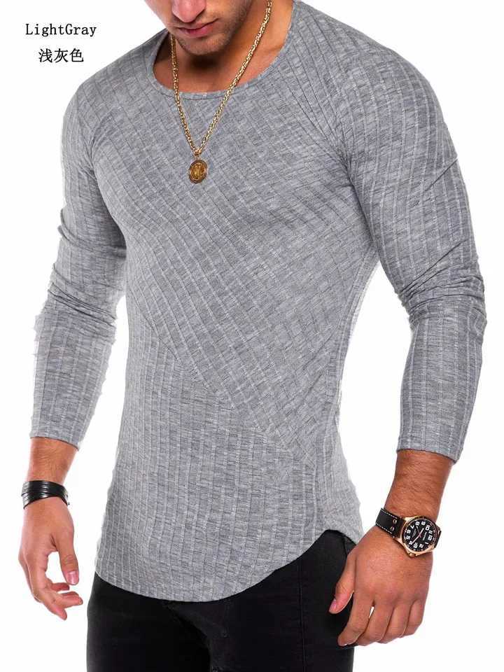 Mens Knitted Thin Base Sweater with Curved Hem Design Round Neck Tight Fit Elastic Long Sleeved T-shirt Thin Sweater XJ250621