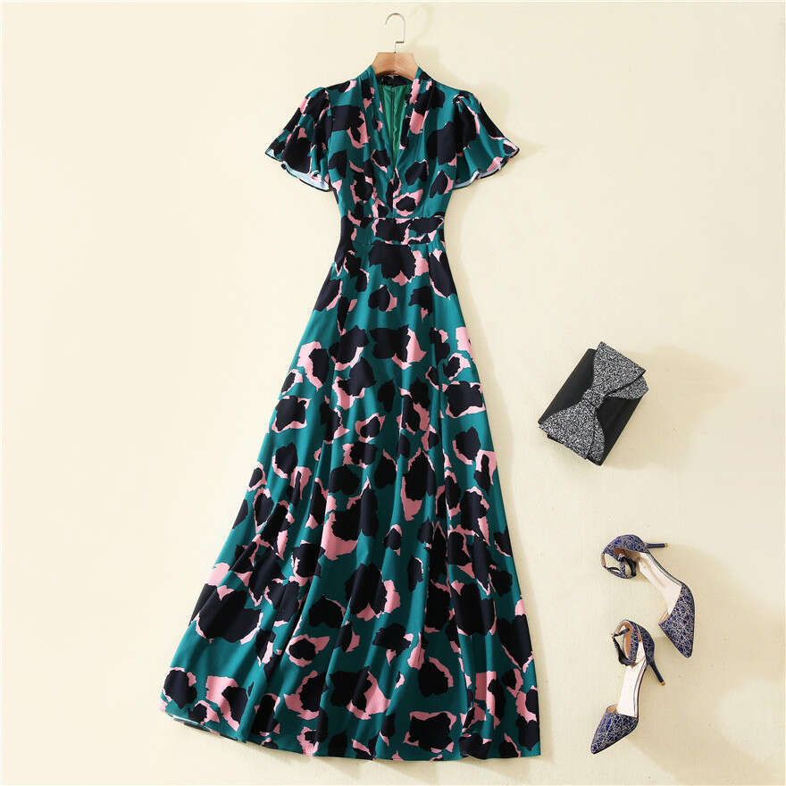 Long Dress Star Style Spring Summer New Women S V Neck Short Sleeve Camouflage Print Waist Cinching Elegant Long Dress Sexy Long Skirt