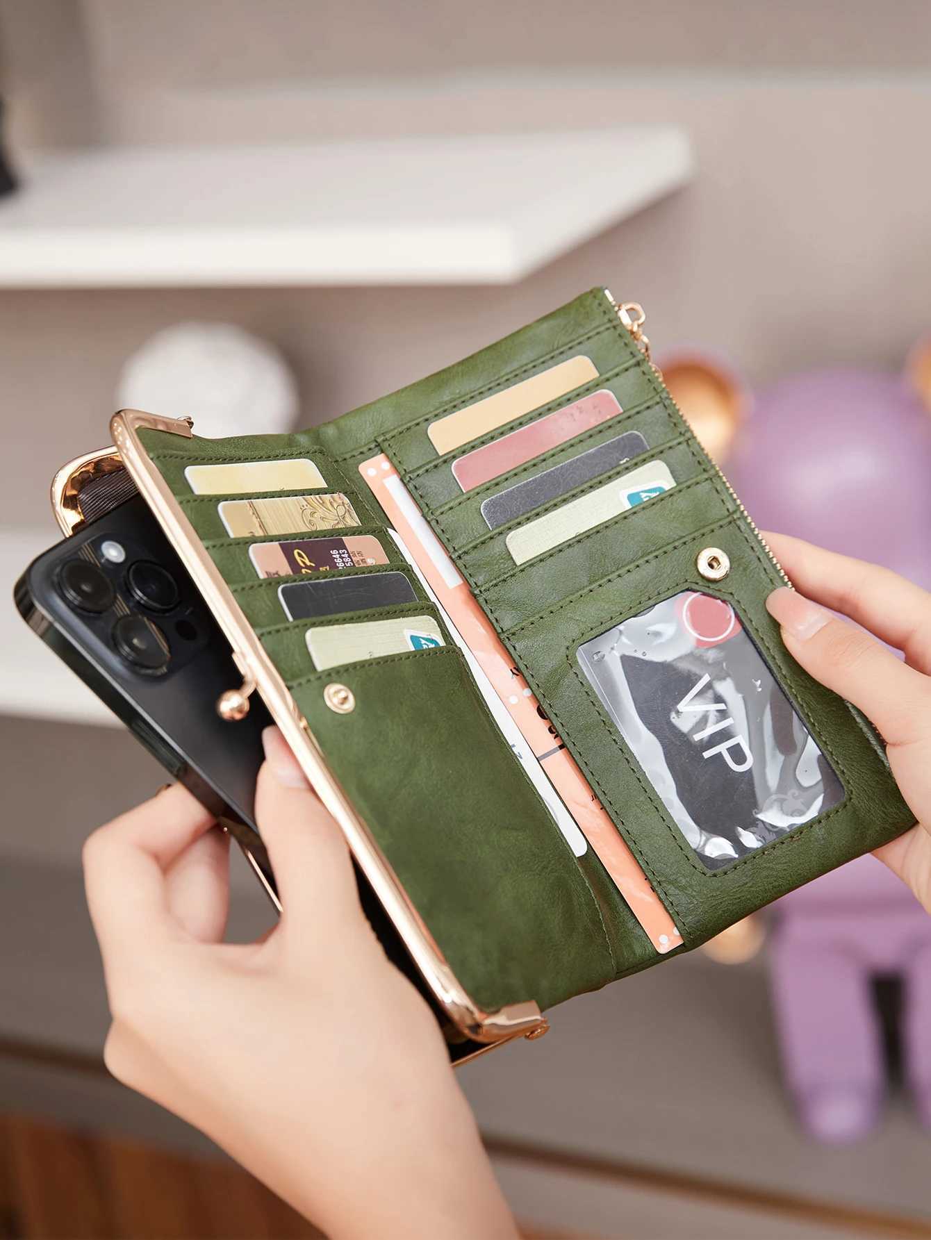 Vintage Kiss Lock Long Womens Wallet Solid Color Multi-functional Zipper Wallet Minimalism Double Fold Large Capacity Handbag Z250621