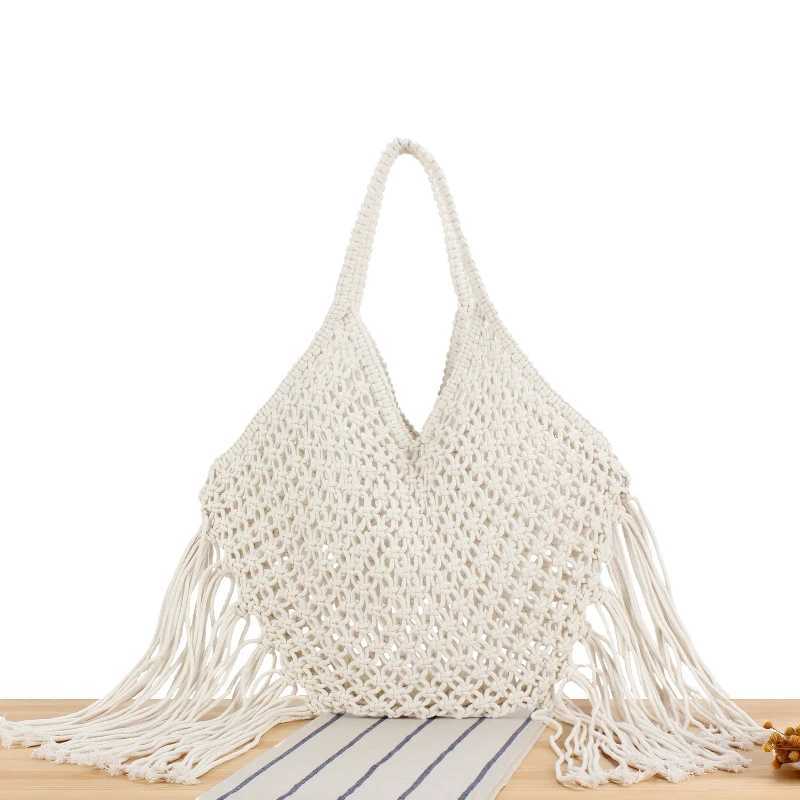 Fashion Women Shoulder Bag Summer New Hollow Out Mesh Hand Woven Tote Bag Casual Tassel Beach Bag Versatile Commuting Handbag XJ250620