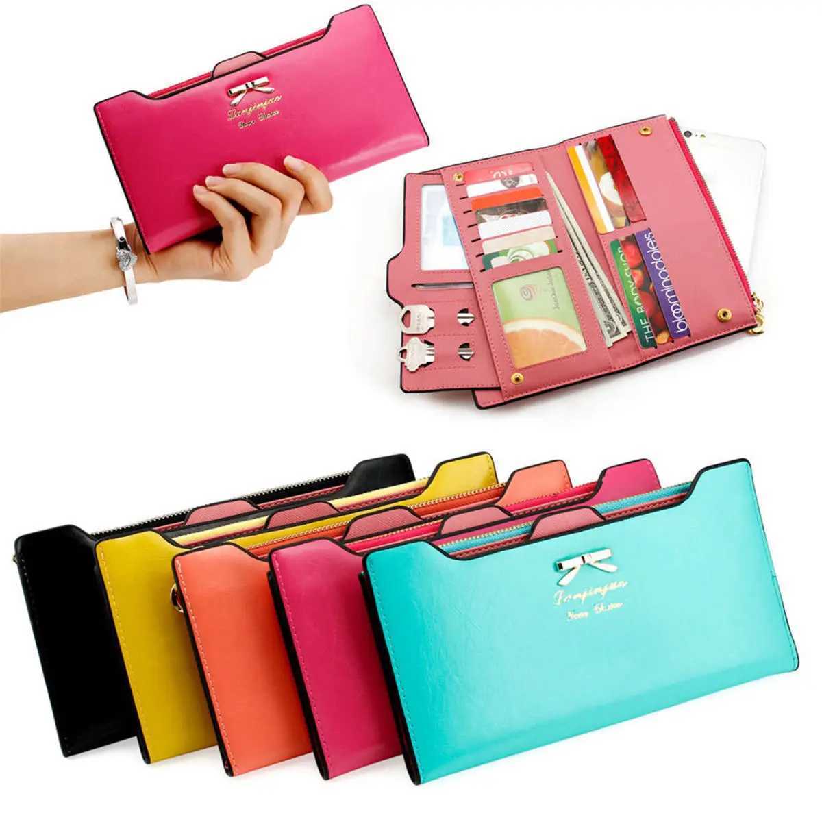 Fashion Cute Bowknot Long Wallet Zipper Multi-card Clutch Coin Money Purse Womens PU Leather Phone Handbag Z250621