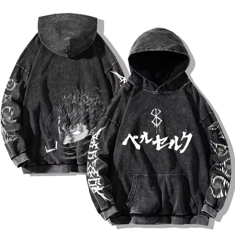 Mens Berserk Hoodies Gothic Print Vintage Washed Hoodie Hip Hop Streetwear Cotton Sweatshirts Y2k Oversized HoodieXJ250621