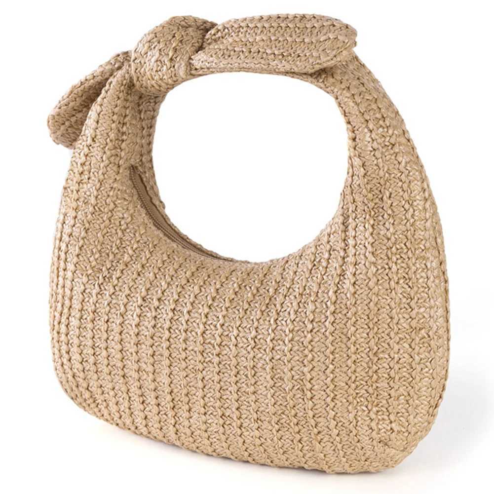 Summer Straw Woven Clutch Purse with Bow Womens Knotted Beach Dumpling Handbag 2024 New Half Moon Handmade Knitting Banquet Bag XJ250620