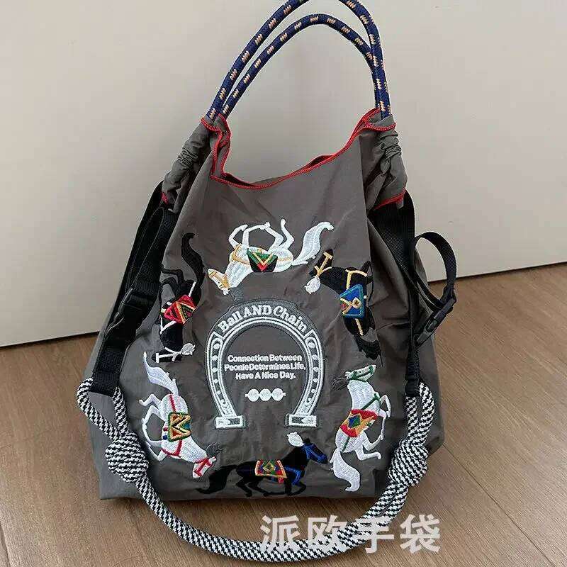 2025 New Ball Chain Shopping Nylon Embroidered Canvas Reusable Package Women Tote Tophandle Shoulder Crossbody Bag