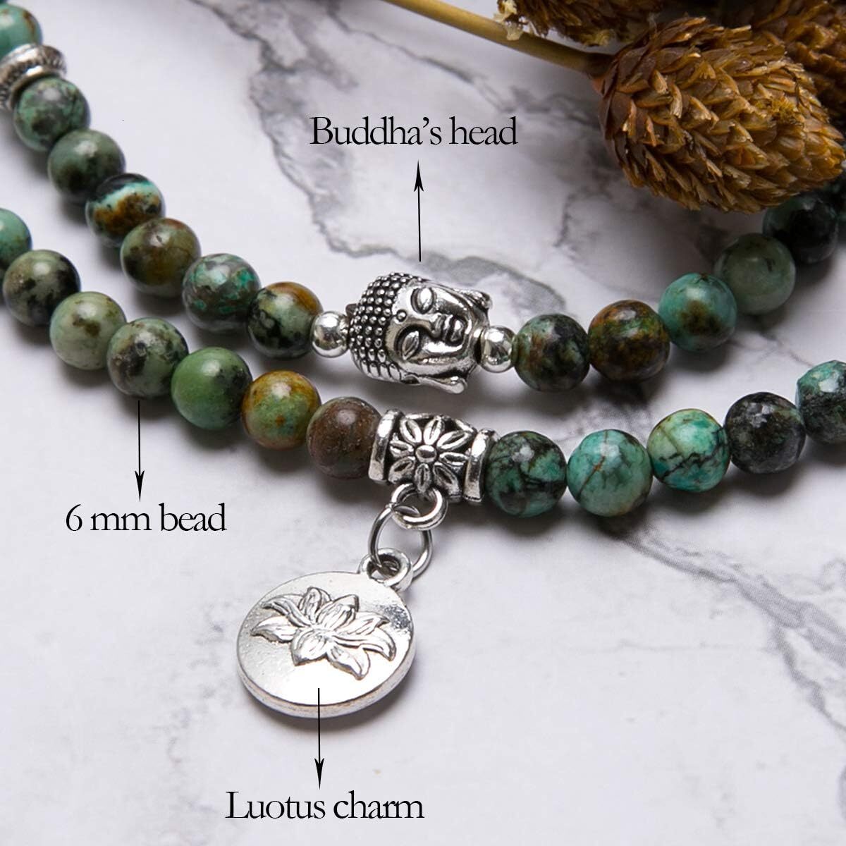Attract Prosperity Zen 108 Beads Necklace Long Beaded Wrap Bracelets Genuine Gemstone Mala Prayer Beads Lotus Buddha Charm Yoga Meditation Necklace