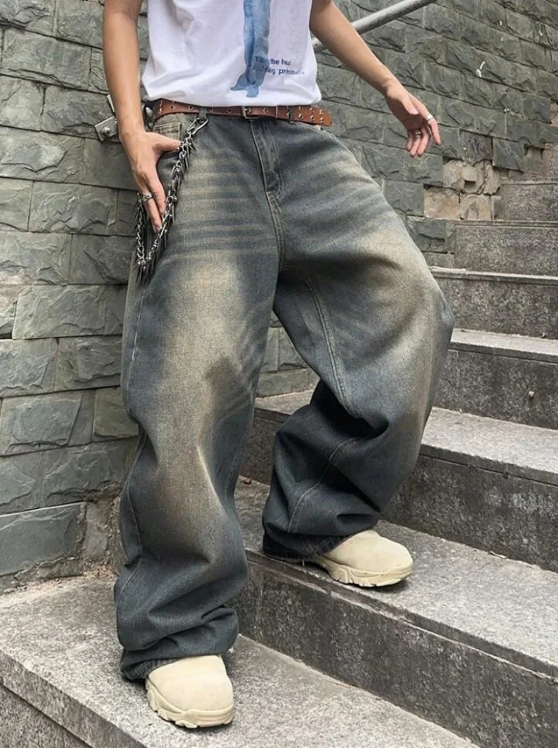 2025 Mens Baggy Denim Pants Wide Leg High Waist Belt Casual Trousers Loose Plus Size Stylish Streetwear Mens Streetwear 250617