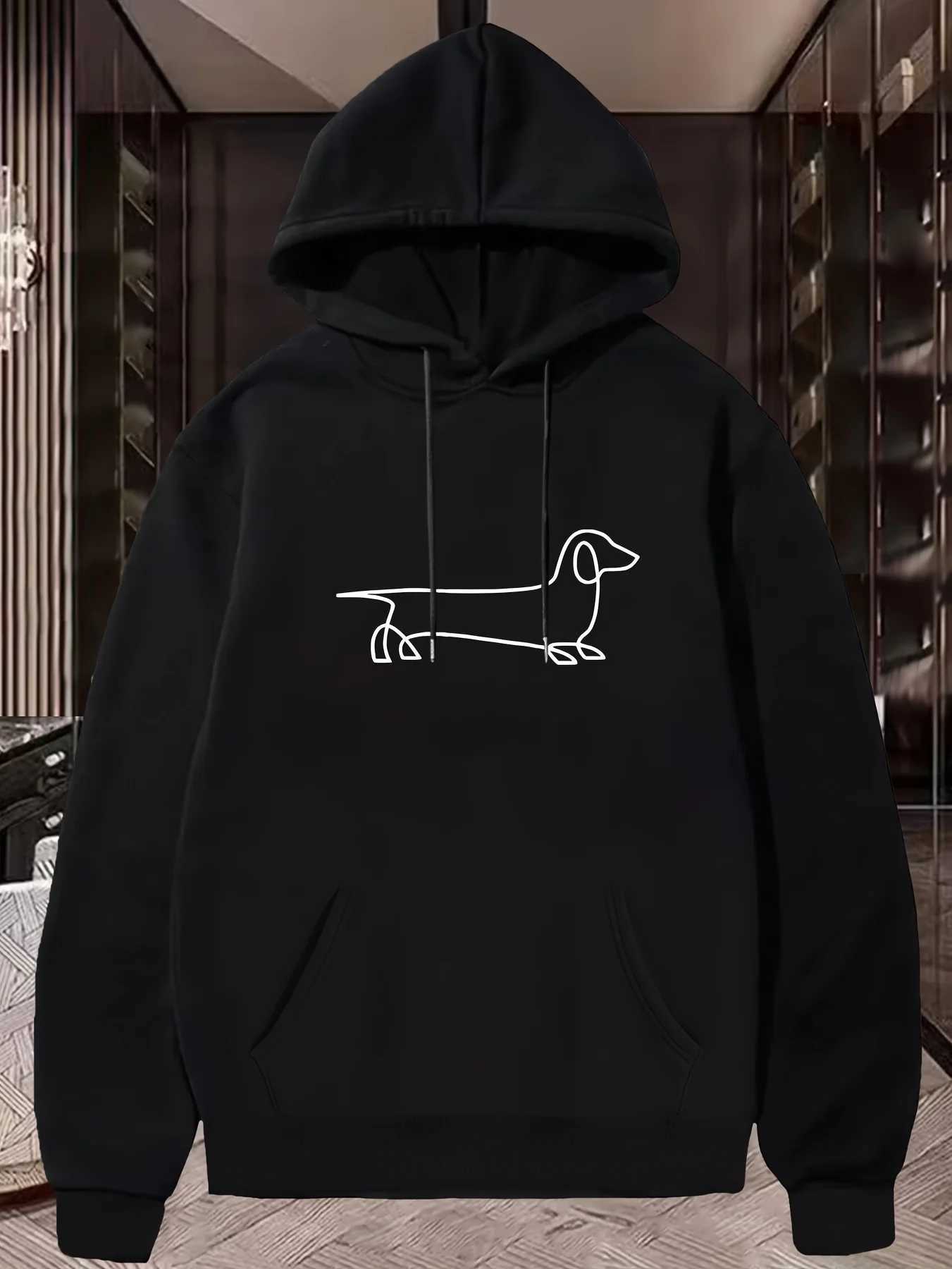 Mens Loose Hooded Sweatshirt - Geometric Dachshund Dog Print Hip-Hop Streetwear Style Autumn Winter Casual Pullover for Men XJ250621
