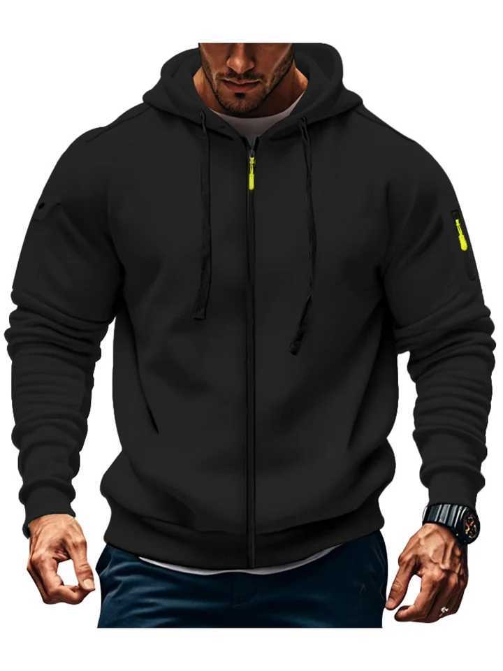 Mens casual hooded collar drawstring hooded sweatshirt sports long sleeved outdoor streetwear solid color lightweight cardiganXJ250621