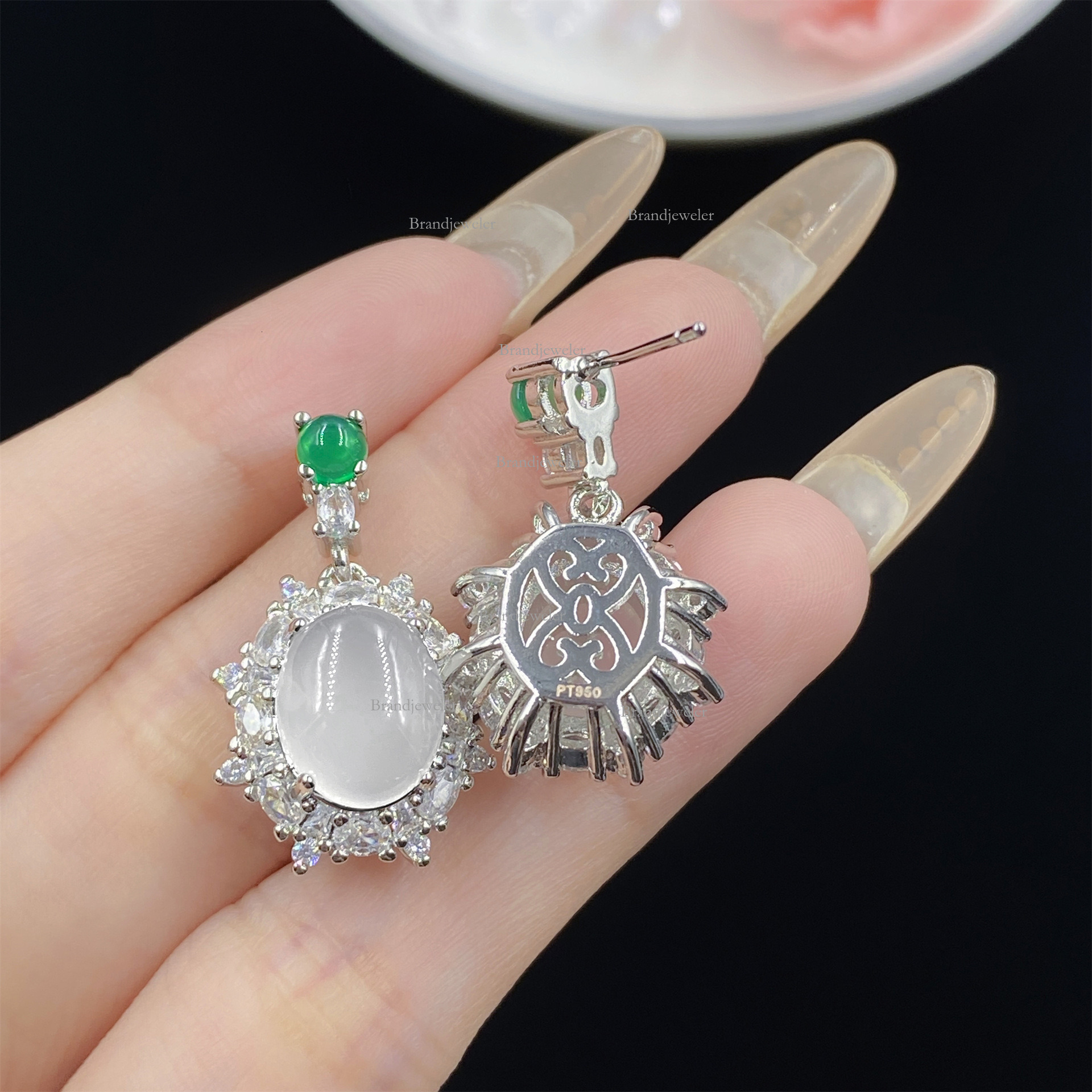 Model Natural White Chalcedony Gray Agate Free Delivery Three-piece Set Full Diamond Open Ring For Women Elegant Luxurious Designer Necklace Pendant E