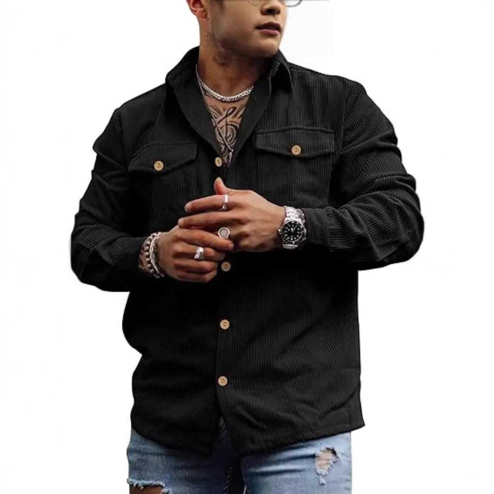 Corduroy jacket long-sleeved striped casual retro jacket with double pockets and buttons work top jacket. XJ250621