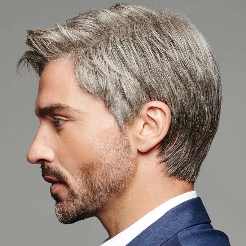 New Men's Brown Gray Side Part Wig For Men
