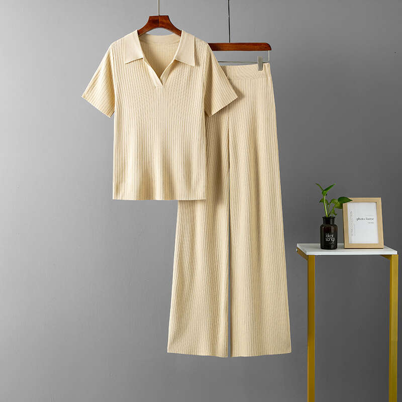 Women's Polo Collar Pullover Short Sleeve Top + Slimming Versatile Solid Color Wide Leg Pants Knitted Fashion Set