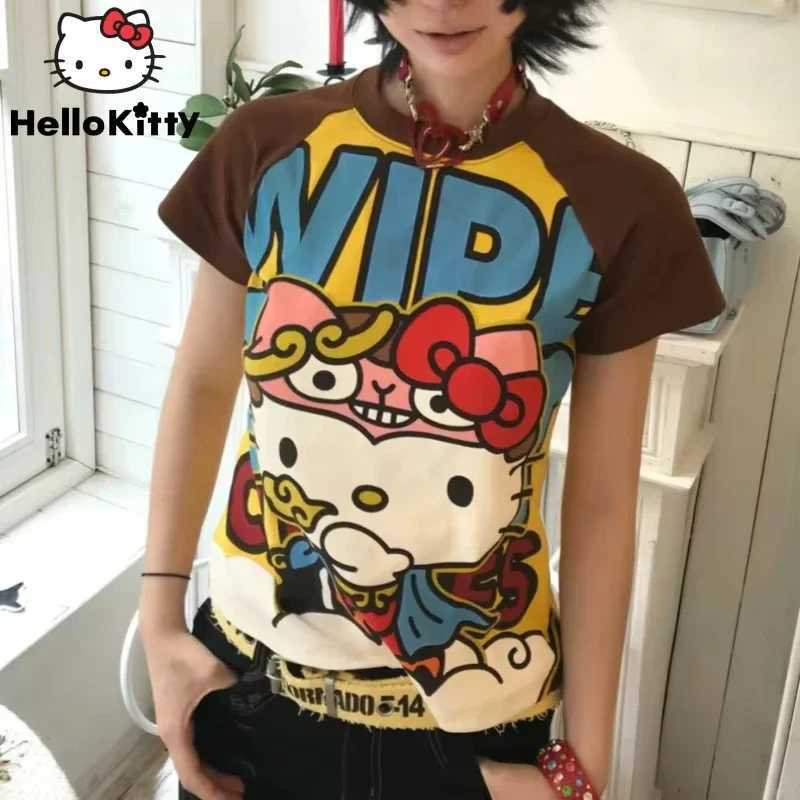 Sanrio Hello Kitty New Anime Fashion Short Tops Y2K Summer Sanrio Cute Tees Cartoon Printed High Street Gothic Short Sleeve T-Shirtsw250621