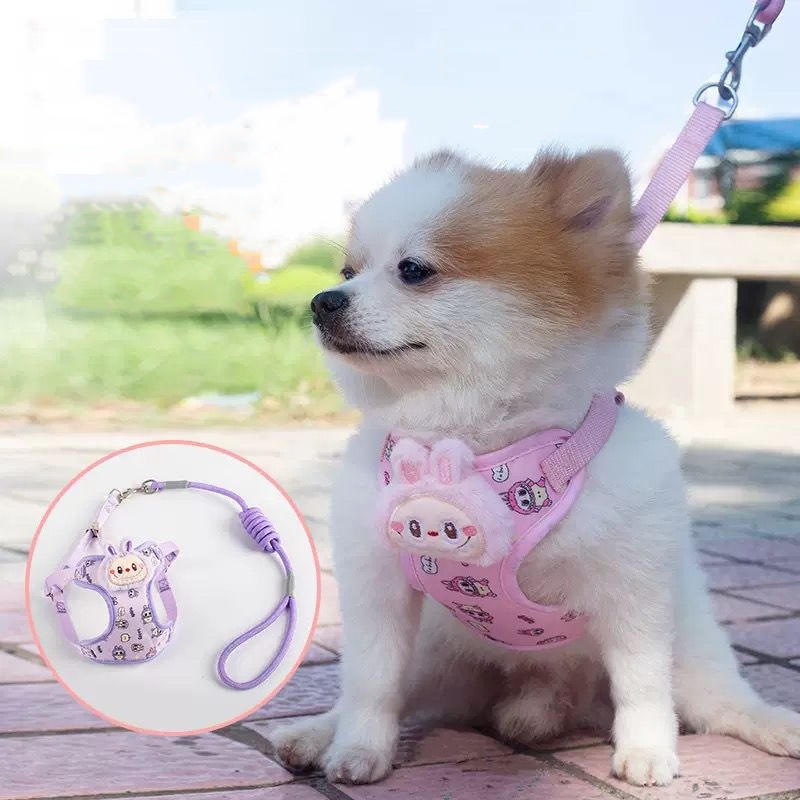 Labubu Dog Leash, Step-in Soft Mesh Puppy Vest with Cute Patterns and Doll Decorations, Breathable Pet Harness for