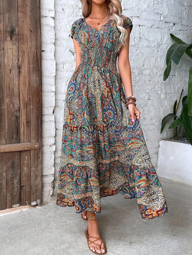 L6212Women's Bohemian 2023 new V-neck long skirt waist floral print big swing dress
