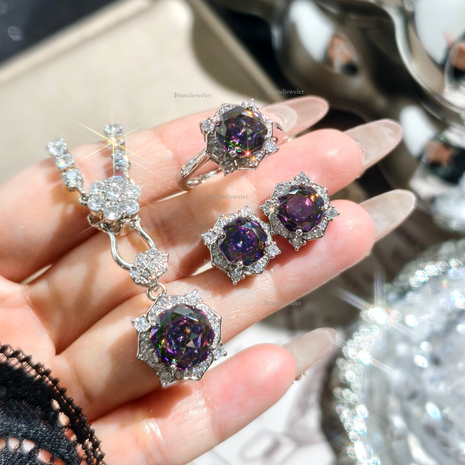 Designer Necklace 2025 New Free Delivery Model Millennium Rose Cut Colorful Fantasy Octagon Zircon Flower Necklace Pendant Open Ring Earring Set