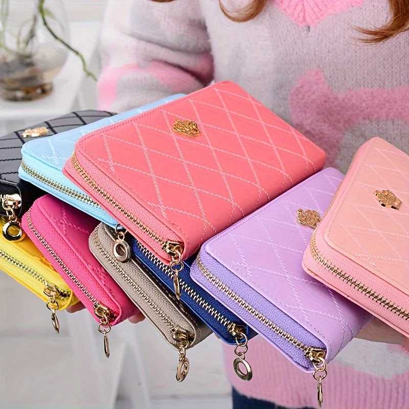Women Wallet Purses Plaid PU Leather Crown Long Purse Money Coin Pocket Card Holder Zipper Clutch Phone Handbag Z250621