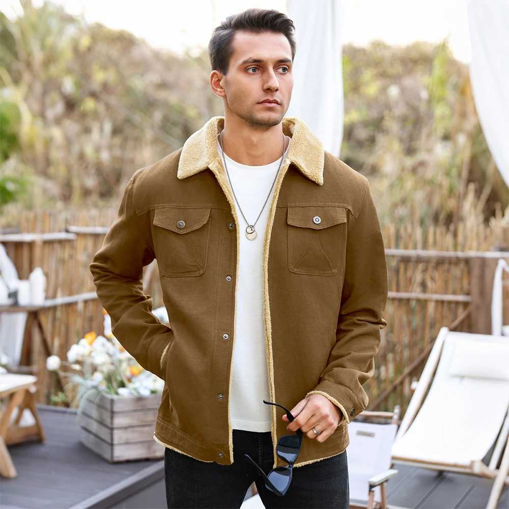 Mens Jackets Winter Faux Shearling Lined Windproof Warm Coat Black Buttoned Parka with Pockets Comfortable Casual Tops US Size XJ250621