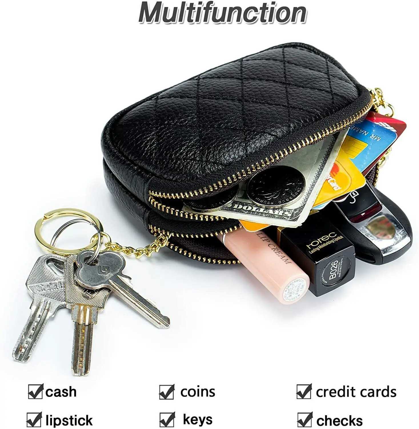 Women Coin Purse Wallet Genuine Leather Soft Small Double Zippered Change Pouch Purse with Keychain Ring Z250621