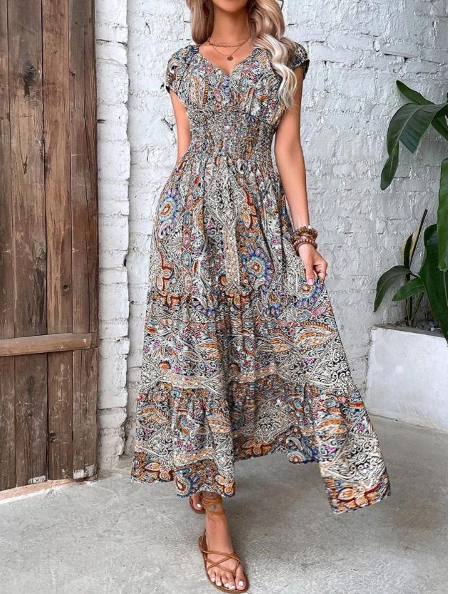 L6212Women's Bohemian 2023 new V-neck long skirt waist floral print big swing dress