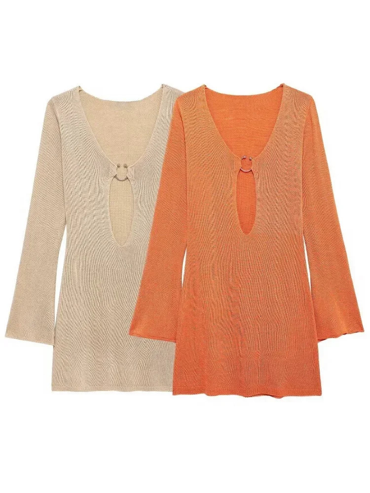 Sexy Flared Sleeve Slim Knitted Dress Autumn / Winter Womens Elegant V-neck Short Dresses A2917 250617