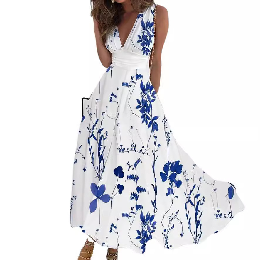 K620Women's summer new V-neck high waist sleeveless printed sexy vest dress