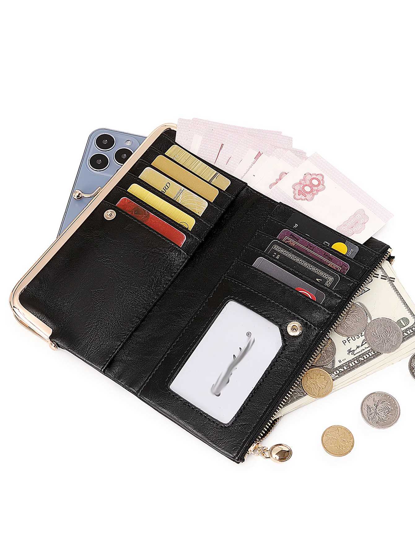 Vintage Kiss Lock Long Womens Wallet Solid Color Multi-functional Zipper Wallet Minimalism Double Fold Large Capacity Handbag Z250621