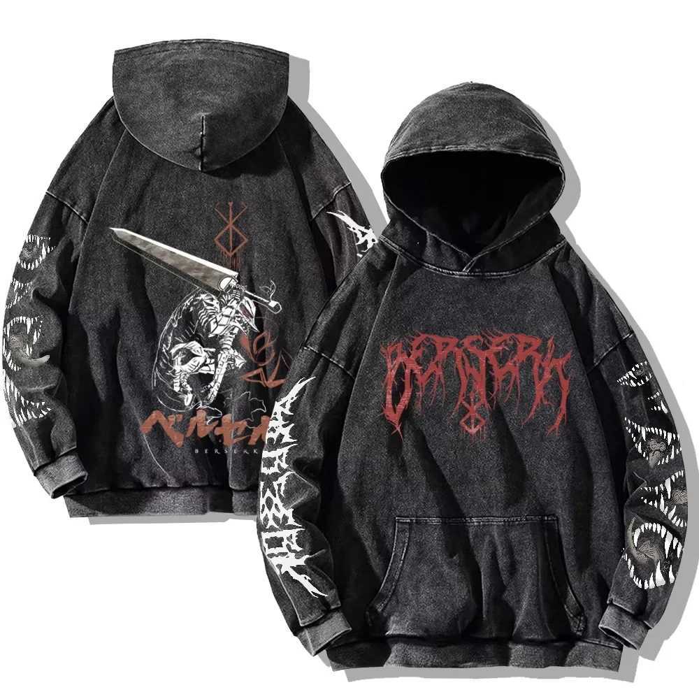 Mens Berserk Hoodies Gothic Print Vintage Washed Hoodie Hip Hop Streetwear Cotton Sweatshirts Y2k Oversized HoodieXJ250621