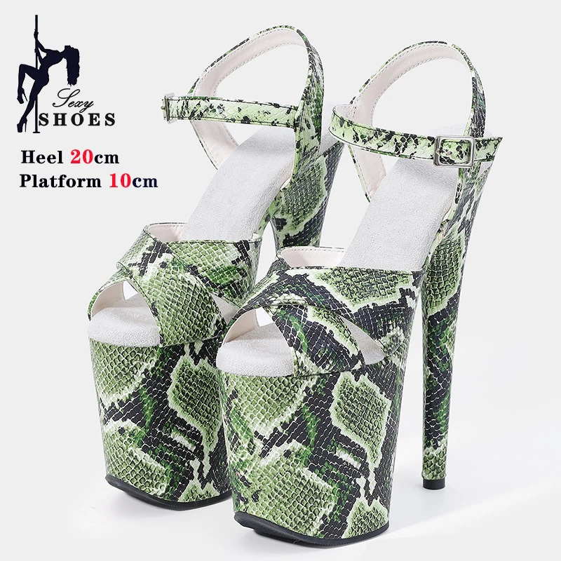 8Inch/20cm Women Sandals Exotic High Heel Platform Pole Dance Shoes Open Toe Green Snake Print Sexy Nightclub Catwalk Heels 250617