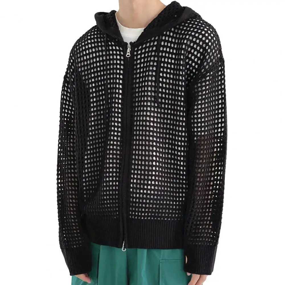 Fall Winter Men Cardigan Jacket Hip Hop Hollow Out Hooded Sweater Zipper Solid Color Cardigan Male Coat Z250621