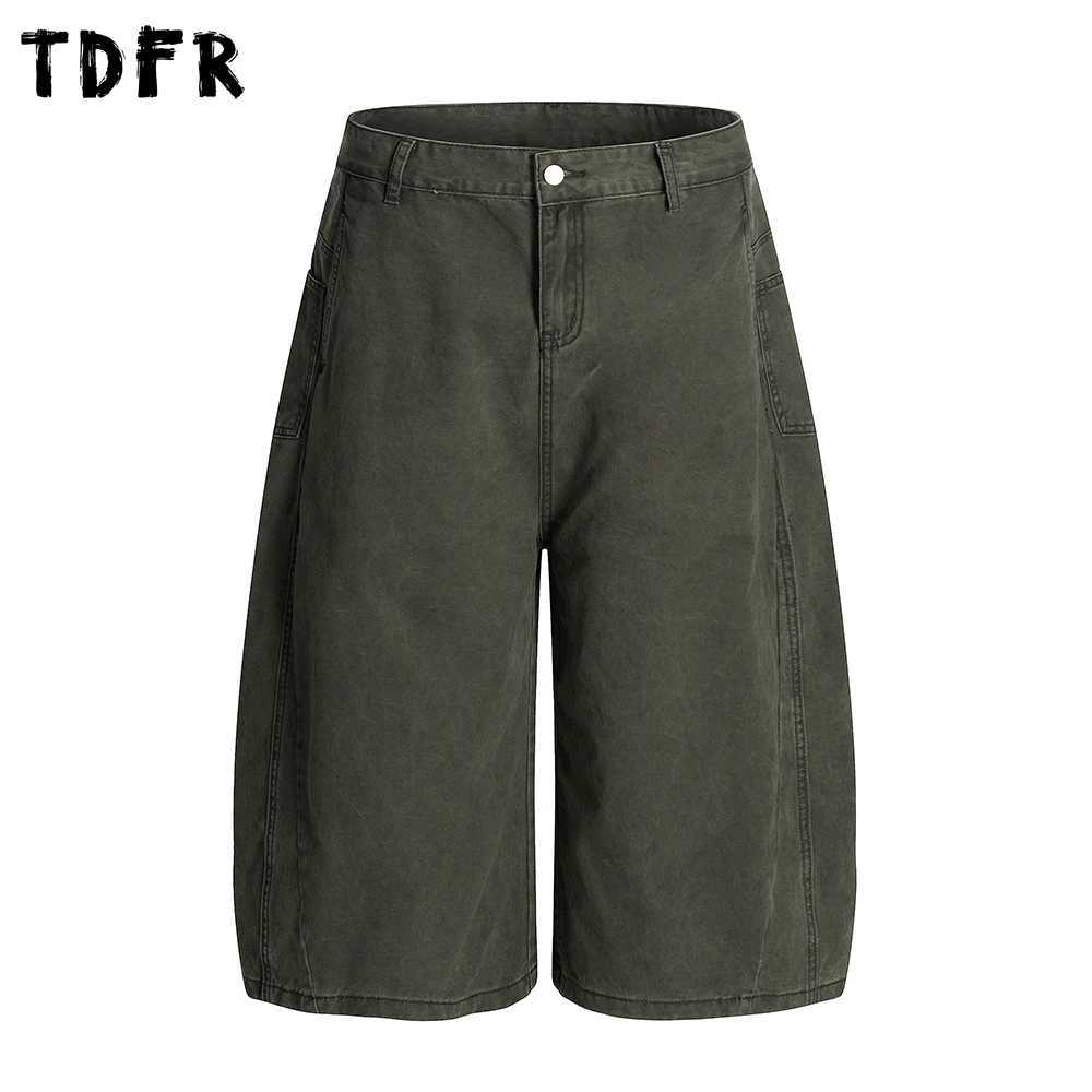 Retro Simple Solid Color Cargo Shorts Mens Summer Streetwear Loose Wide Leg Cropped Pants Men W250621
