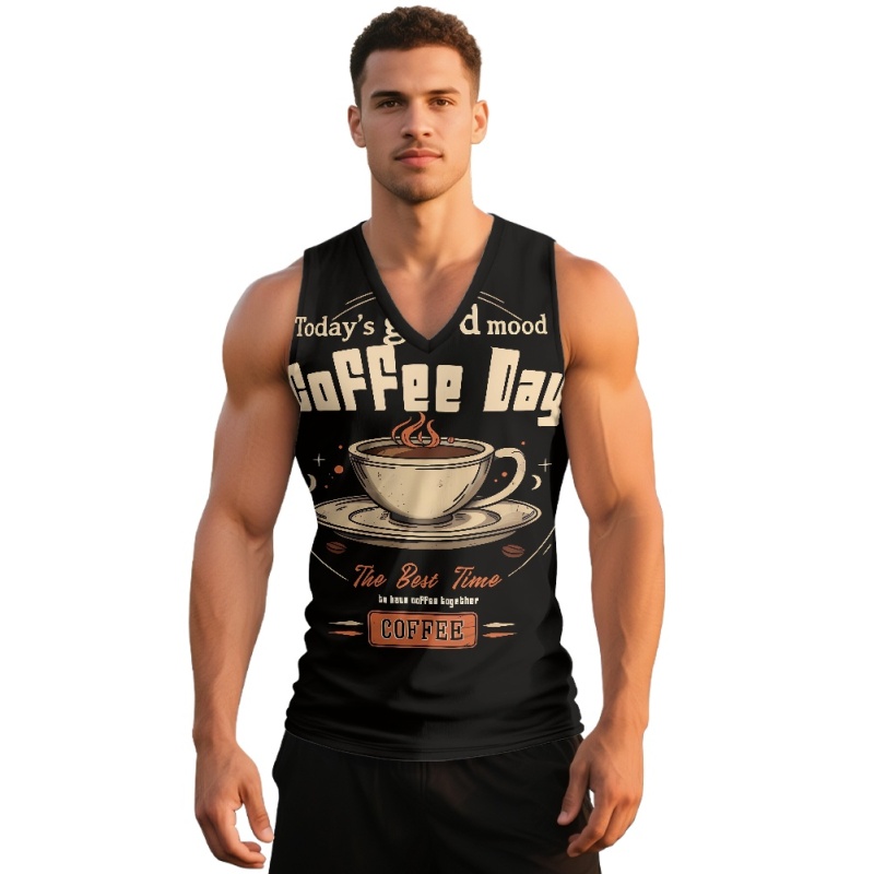 National Trend Retro Designer Summer Fun Cartoon Street Graffiti Print Vest for Men Pure Cotton Loose Sleeveless T-Shirt with V-Neck