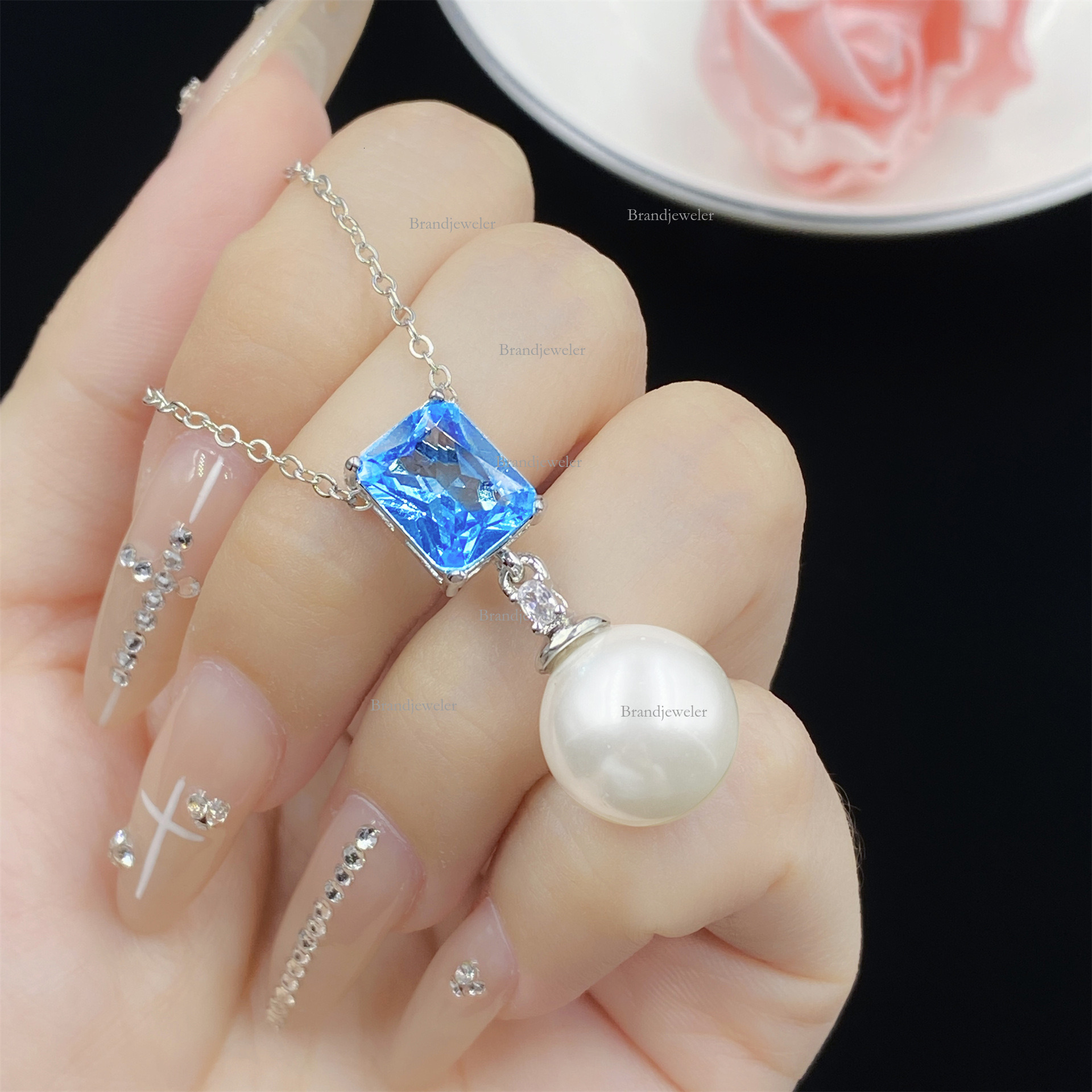 Natural Shell Pearl Comparable To Pearl Free Delivery Cap Simulation Aquamarine 2025 Model Topaz Set Designer Necklace Open Ring Women's Elegant 