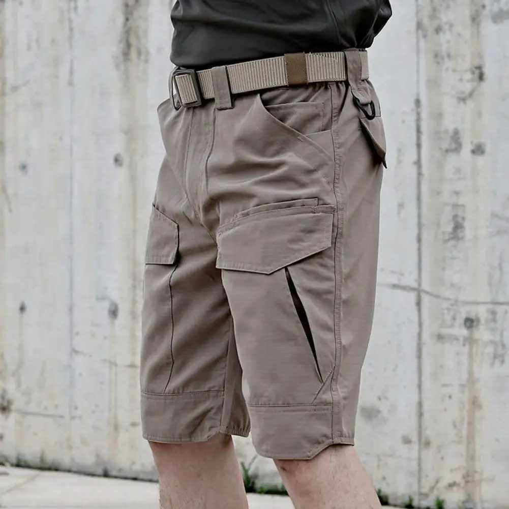 Solid Color Casual Shorts Mens Summer Cargo Shorts with Elastic Waist Multiple Pockets Wear-resistant Fabric for Outdoor W250621